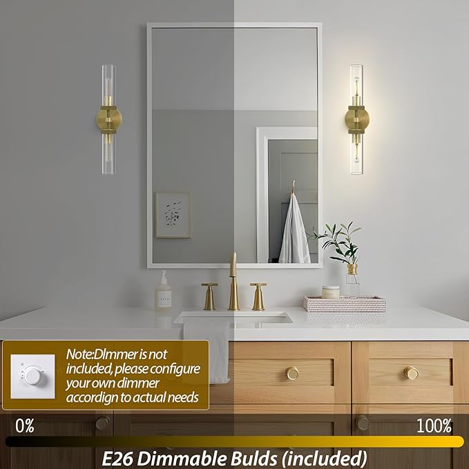 Knurled Brass Wall Sconces Set of Two,21" Sconces Wall Lighting 2-Light, Gold Bathroom Wall Sconces, Glass Vanity Lights, Indoor Wall Sconce for Bathroom,Bedroom, Living Room, Hallway