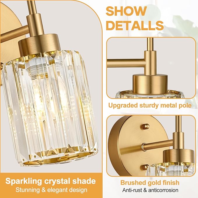 Modern Crystal Bathroom Vanity Light, 2-Pack Brushed Gold Vanity Light with Clear Crystal Shades, Bathroom Light Fixtures Over Mirror (Bulbs Not Included)