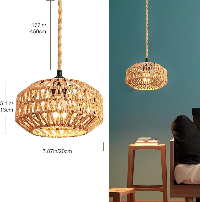 Plug in Pendant Light Rattan Hanging Lamp with Switch,Mini Rattan Boho Semi Flush Mount Ceiling Light,Hand Woven Hallway Light Fixtures for Bedroom Entryway Kitchen