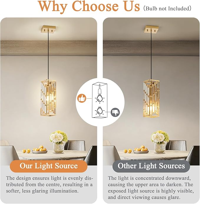 Gold Pendant Lights Kitchen Island 2 Pack, Adjustable Modern Pendant Light Fixtures, Mini Crystal Chandeliers for Dining Room Bedroom Foyer Hallway