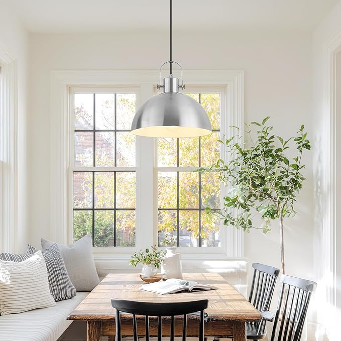 12 Inch Farmhouse Pendant Lights, Brushed Nickel Pendant Lighting for Kitchen Island, lndustrial Adjustable Height Hanging Light for Barn, Dining Room, 2 Pack