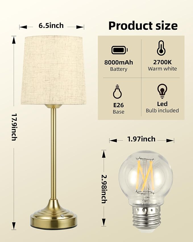 Battery Operated Lamp, 8000mAh, Ambient Light, Touch Control, Dimmable, Portable, 2700K, LED, Wireless, Rechargeable, Battery Operated, Desk Lamp, Kitchen Lamp, Fabric Shade, for Dining Room, Bedroom