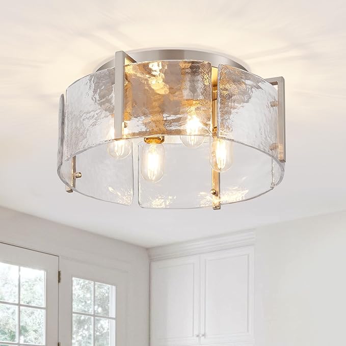 17.3“ Semi Flush Mount Ceiling Light Fixture Brushed Nickel 4-Light Modern Water Ripple Chandelier Glass Light Fixture for Entryway Hallway Kitchen Island Dining Room Foyer Bedroom Hallway