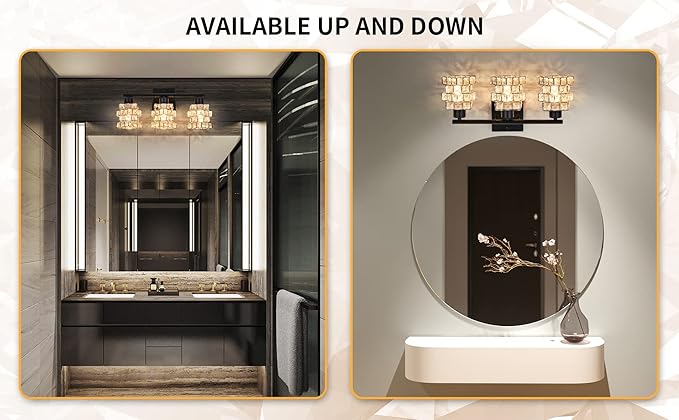 3 Lights Bathroom Vanity Light, Crystal Bathroom Light Fixture Over Mirror, Matte Black & Crystal Rotateable Indoor Wall Lights | Chrome Glass Modern Lampshade for Sink, Mirror & Foyer Corridor