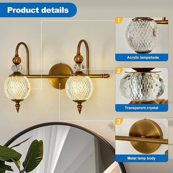 Vintage Vanity Light 2 Lights Gold Bathroom Light Fixtures Over Mirror with Acrylic Globe Shade