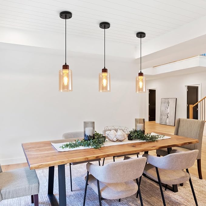Modern Wood Pendant Lighting for Kitchen Island, Farmhouse Pendant Light Fixtures 1 Pack, Adjustable Hanging Ceiling Light with Amber Glass Shade