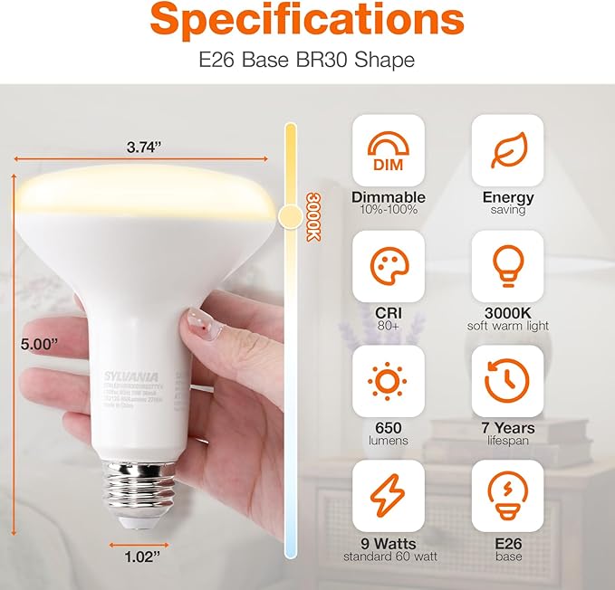 Sylvania ECO LED BR30 Light Bulb, 65W = 9W, Dimmable, Frosted Finish, 650 Lumens, 3000K, Neutral White - 4 Pack (41101)