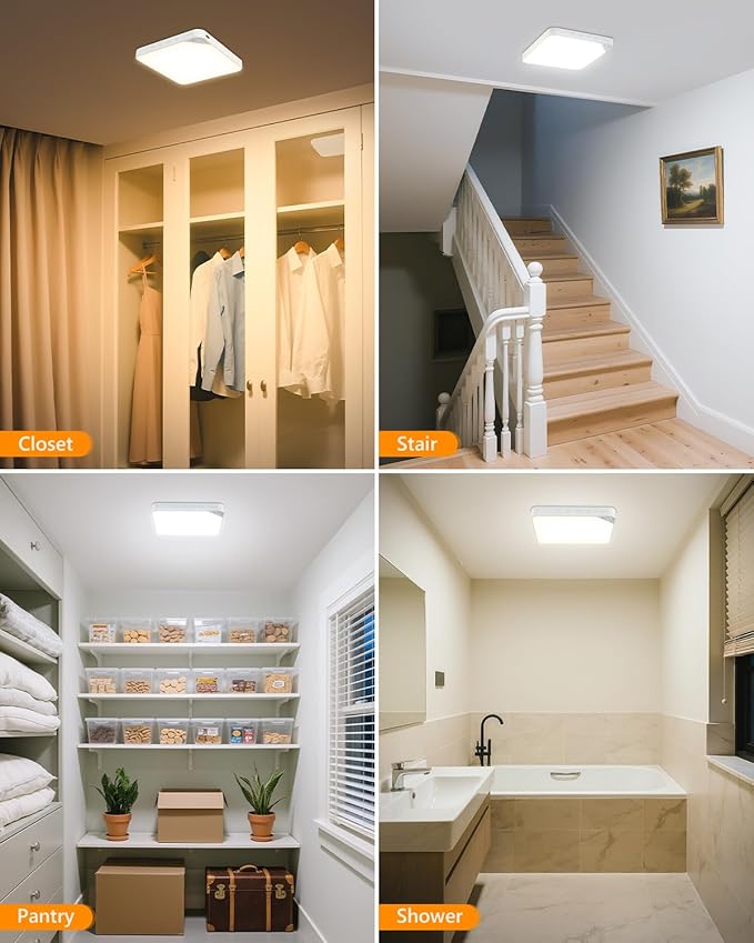 Rechargeable 6W Motion Sensor Ceiling Light Indoor, Wireless Magnetic Stick on Closet Light, Remote Control for Color & Brightness, Battery Operated Light for Shower, Bathroom, Pantry, Hallway, 1-Pack