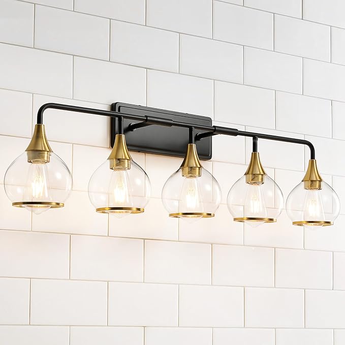 Black and Gold Bathroom Vanity Light 5-Lights Bathroom Light Fixtures Over Mirror with Clear Glass Shade 39.2 inch Wall Sconce Lighting Bath(Exclude E26 Bulb)