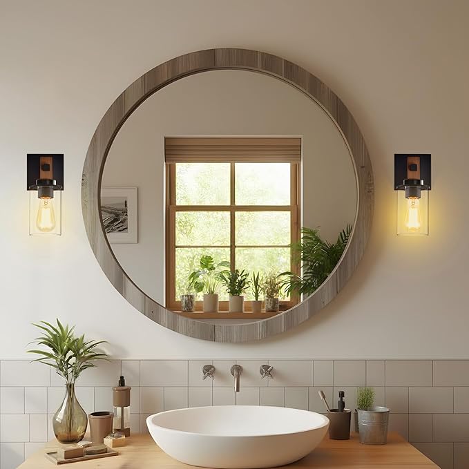 Rustic Wall Sconces,Hardwired 1-Light Farmhouse Sconce with Clear Glass Cylinder Shade,Matte Black Metal & Wood Wall Light,E26 Indoor Bathroom Vanity Fixture for Mirror,Bedroom,Hallway