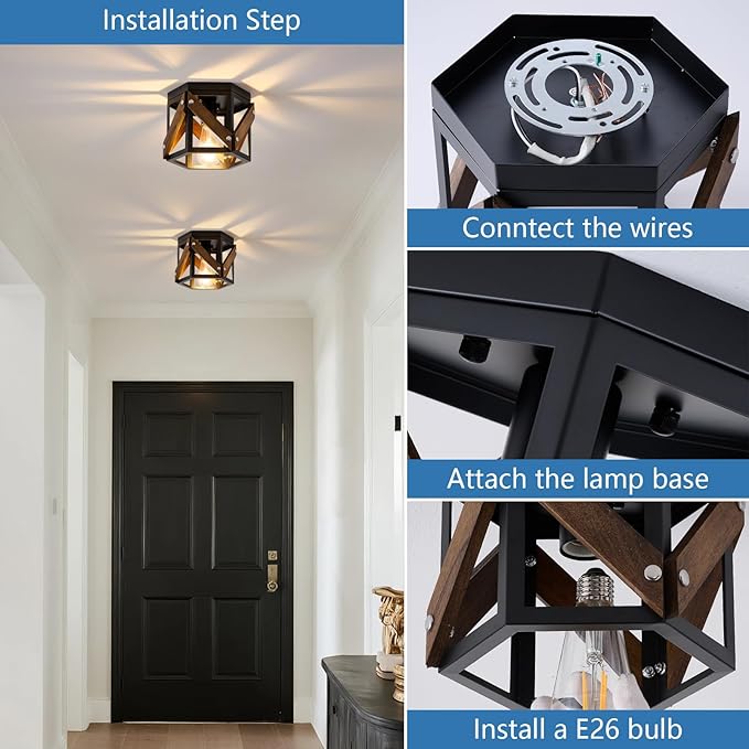 2 Pack Farmhouse Flush Mount Ceiling Light, Rustic Hallway Light Fixtures Ceiling, Vintage Black Lighting Fixtures with Metal and Wood Cage, Small Chandelier for Kitchen Sink Entryway Bathroom