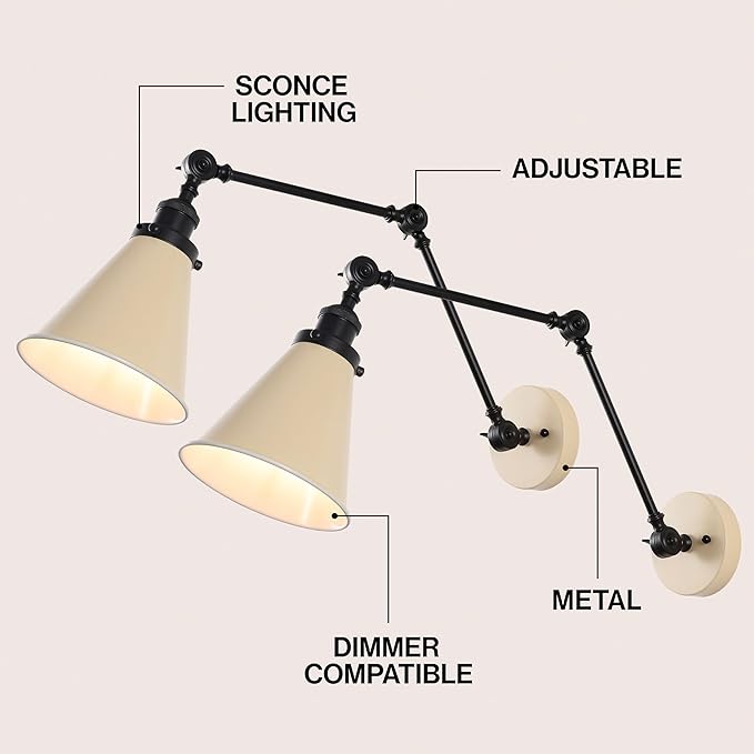 JONATHAN Y 7" Almond/Black Classic Industrial Metal Adjustable Arm LED Wall Sconce for Bedside Reading, Farmhouse Swing Arm Wall Lamp with Metal Shade, Hardwired (JYL7462F-SET2)