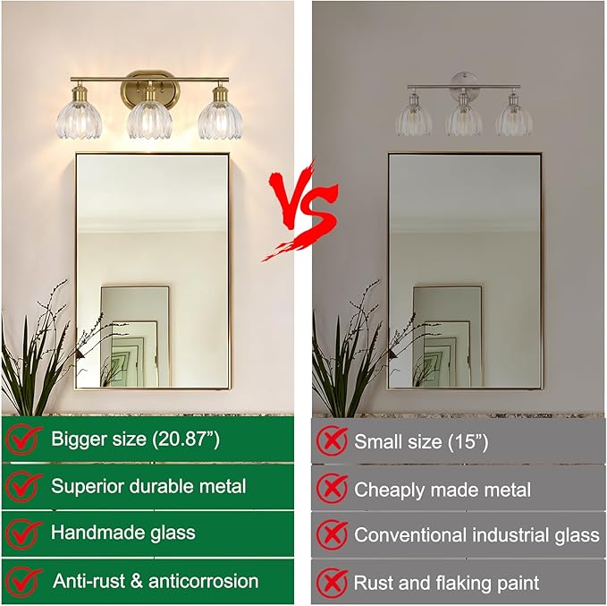 3-Light Bathroom Light Fixtures, Gold Vanity Lights for Bathroom with Ribbed Clear Tulip Glass Shade, Brass Vintage Wall Scone Lighting Over Mirror for Farmhouse,Bedroom,Living Room,Hallway