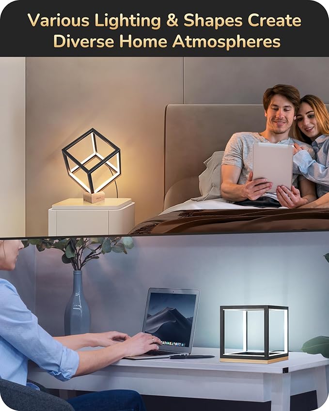 EDISHINE Modern LED Table Lamp, Minimalist Bedside Lamp with Solid Wood Base, 3 Way Dimmable, 3000K/4500K/6000K, 470LM, Black Gold Square Geometric Nightstand Lamp for Living Room, Bedroom, Office