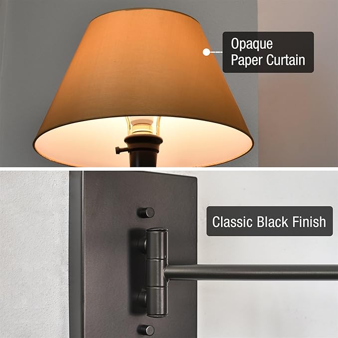 Kira Home Cambridge 15" Modern Swing Arm Wall Sconce with Opaque Empire Paper Shade, 2-in-1 Plug in or Hardwired Wall Lamp with 3-Way Switch, Black Finish