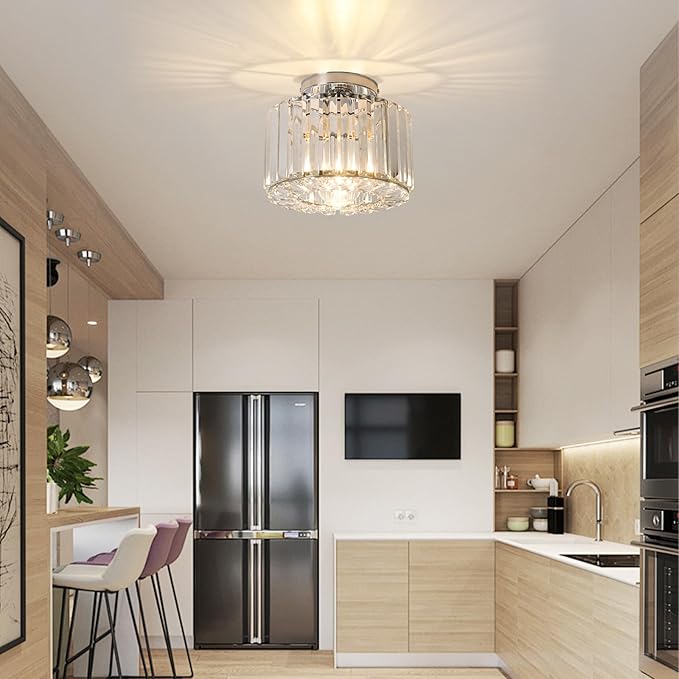 Crystal Ceiling Light, Chrome Ceiling Lamp, Semi Flush Mount Ceiling Light, Small Hallway Lamp, Entryway Crystal Chandelier for Dining Room,Bedroom,Kitchen