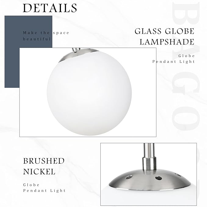 Bagood 6 Inch Globe Pendant Light Nickel Globe Pendant Lights Kitchen Island Mid Century Light Fixture with Milky White Glass Contemporary Adjustable Hanging Lights for Dining Room (Bulb Included)