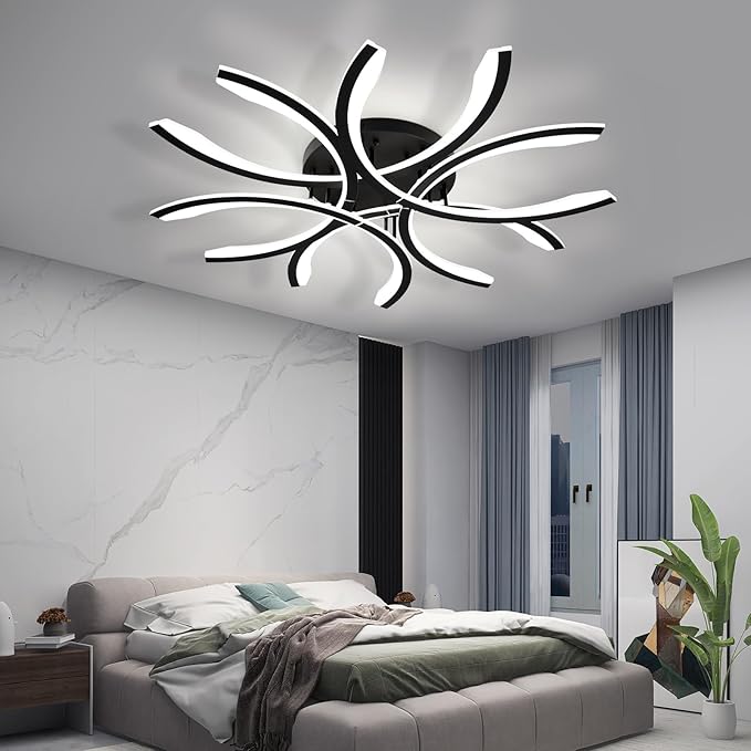 Modern LED Flush Mount Ceiling Light - 12 Lights Dimmable Close-to-Ceiling Fixture with Remote Control, 144W 3000K-6500K Adjustable Color Temperature for Bedroom, Living Room (Black)