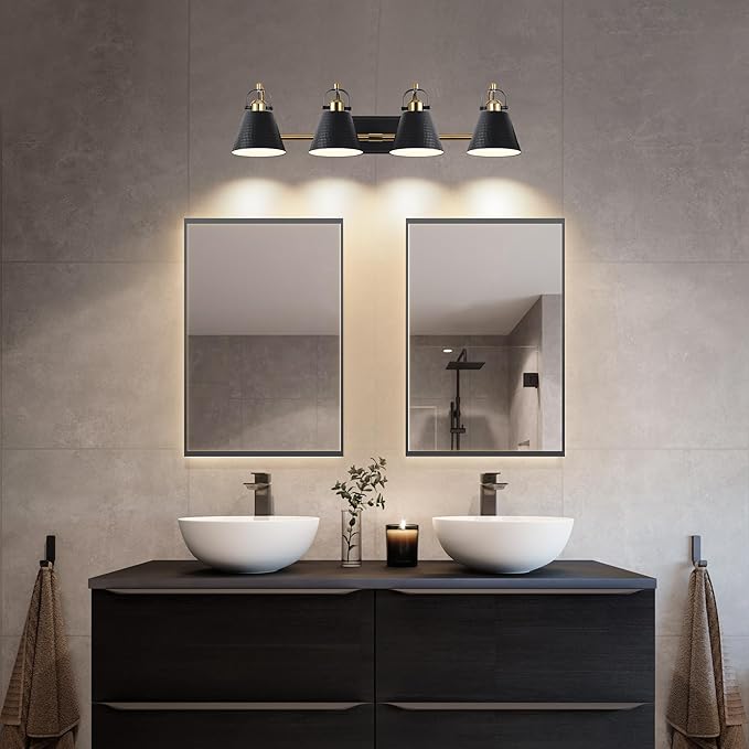 PAZALA Black and Gold Vanity Light, 4-Lights Farmhouse Vanity Light, Bathroom Light Fixtures Over Mirror, 24inch Modern Bathroom Wall lamp for Bath Mirror Living Room Cabinet Bedroom
