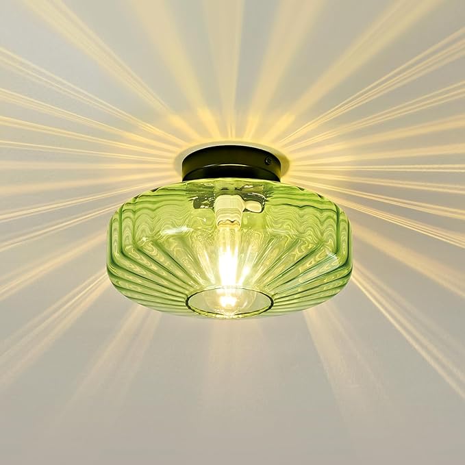 Glass Semi Flush Ceiling Lights - 12 in Vintage Mid Century Modern Lighting Fixture - Green Drum Unique Art Deco Mount Light Fixtures for Hallway Entry Way Hall Kitchen Dining Laundry Room Foyer Porch