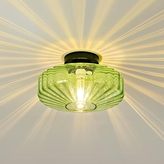 Glass Semi Flush Ceiling Lights - 12 in Vintage Mid Century Modern Lighting Fixture - Green Drum Unique Art Deco Mount Light Fixtures for Hallway Entry Way Hall Kitchen Dining Laundry Room Foyer Porch