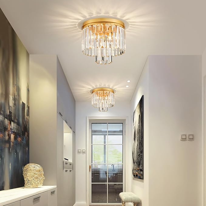 Crystal Ceiling Light, 3-Light Modern Flush Mount Ceiling Light Fixture for Living Room, Dinning Room, Hallway, D12 x H13inch, Brass Finish Frame & K9 Crystal