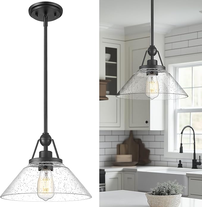 Black Pendant Light, HWH Hanging Light Fixtures for Dining Room, Bedroom, Glass Pendant Light for Kitchen Island with Seeded Glass, 5HYS89MIL-G1 BK