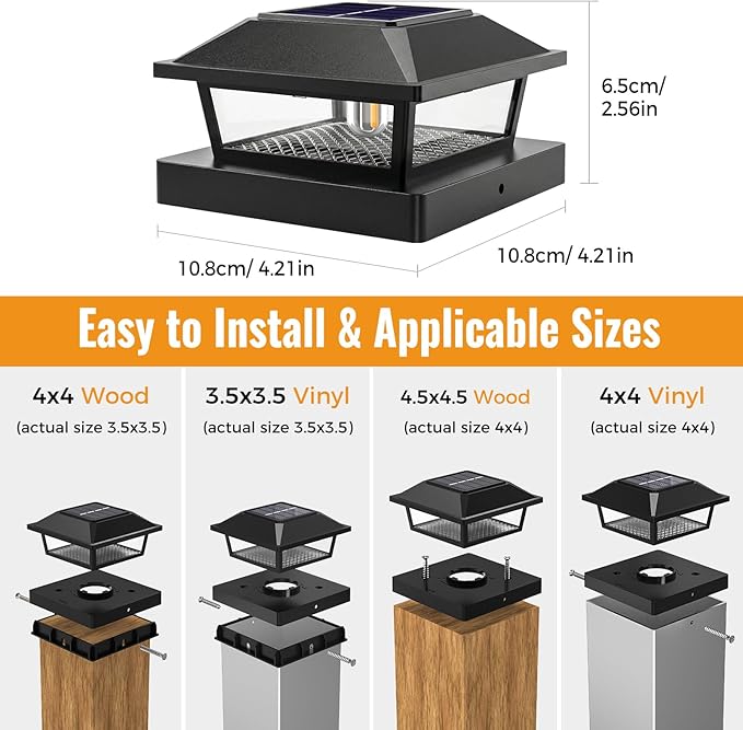 btfarm 4x4 Solar Post Cap Lights, 8 Pack Fence Deck Post Lights Outdoor Solar Powered Waterproof with Edison LED Bulb, Fits 4x4, 3.5x3.5 Wooden & Vinyl Posts for Porch Patio Yard(Warm White, Black)
