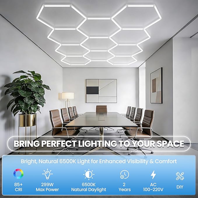 Hexagon Garage Lights Hexagon LED Lights 35880LM 6500K 299W Super Bright Honeycomb Lights Ceiling for Garage, Warehouse, Car Detailing Shop, Exhibition Hall, Gym (11 pack )