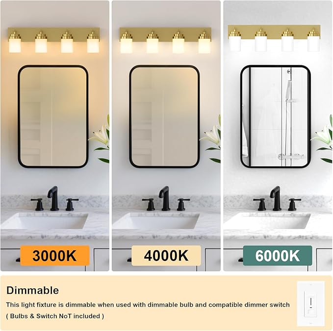 IZORRO Bathroom Vanity Light Fixture, 4-Light 30 Inch Gold Bathroom Light Fixtures Over Mirror, with White Glass Shade, Modern Farmhouse Vanity Lights, Rustic Restroom Lighting Fixtures