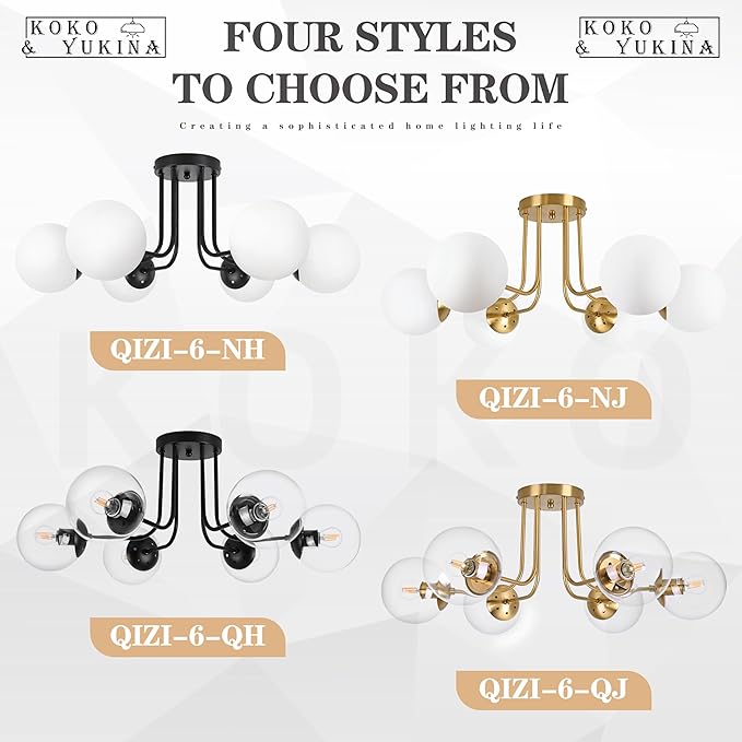 KoKo&Yukina 6-Light Mid Century Ceiling Light Modern Semi Flush Mount Ceiling Light Fixture Globe Ceiling Light with Clear Glass Shade Brushed Brass Finish for Bedroom Hallway Dining Room Living Room