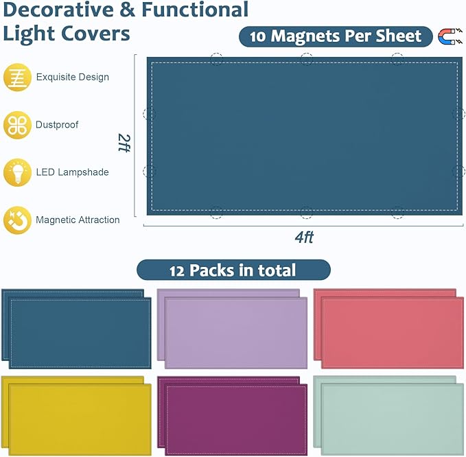 QOUBAI 12PCS Fluorescent Light Covers, 4 x 2 Feet Magnetic Light Cover Fluorescent Lights Shade Panel Positive Inspirational Ceiling Lights Filters for Office Classroom Drop Ceiling Purple Colorful