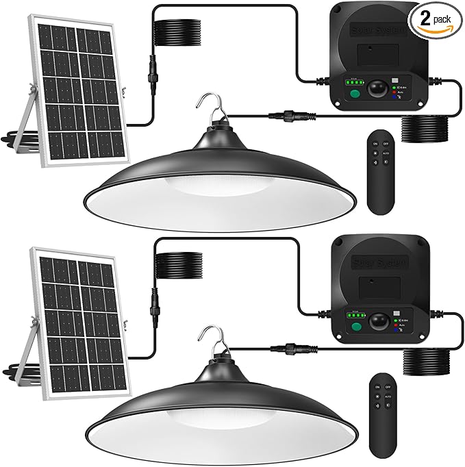 Solar Shed Lights Indoor Outdoor, 3200LM Motion Sensor Pendant Light Daytime Available with Remote & Button Control, IP65 Waterproof 4 Lighting Modes for Barn Garage Gazebo Chicken Coop Shop - 2 Pack