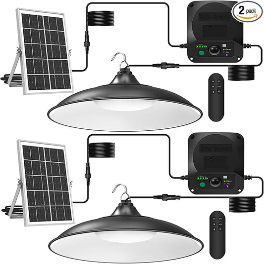 Solar Shed Lights Indoor Outdoor, 3200LM Motion Sensor Pendant Light Daytime Available with Remote & Button Control, IP65 Waterproof 4 Lighting Modes for Barn Garage Gazebo Chicken Coop Shop - 2 Pack