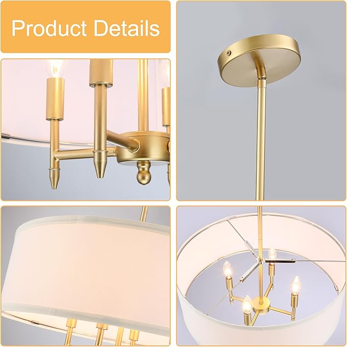 Untrammelife Drum Pendant Chandelier 4-Lights Gold Chandelier 20" Ceiling Hanging Light Fixture with White Shade, for Dining Room Living Room Bedroom Kitchen Island