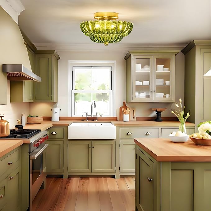 3-Lights Mid Century Modern Vintage Semi Flush Mount Ceiling Light Fixture,Gold Surface Treatment,Green Flower Glass,for Hallway Bedroom Bathroom Foyer Closet Entryway Laundry Room(11.81 in)