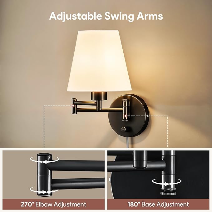 VONLUCE Wall Sconce Set of 2, Plug in & Hardwired Swing Arm Wall Lamps, Adjustable Wall Mounted Lighting Fixtures, Modern Wall Lights with Black Base White Fabric Shade for Bedside, Hallway, Study