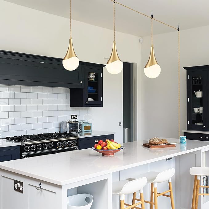 MWZ Gold Plug in Pendant Light,Hanging Lights with Plug in Cord On/Off Switch, Mini Brass Pendant Lights for Kitchen Island,1-Light Modern Raindrop Chandelier Lamps with Milky White Globe Glass Shade