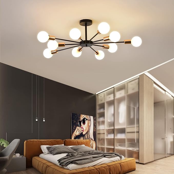 10-Light Semi Flush Mount Light Fixture, Black and Gold Sputnik Ceiling Light, Modern Close to Ceiling Light for Bedroom Kitchen Living Room Entryway Laundry Room
