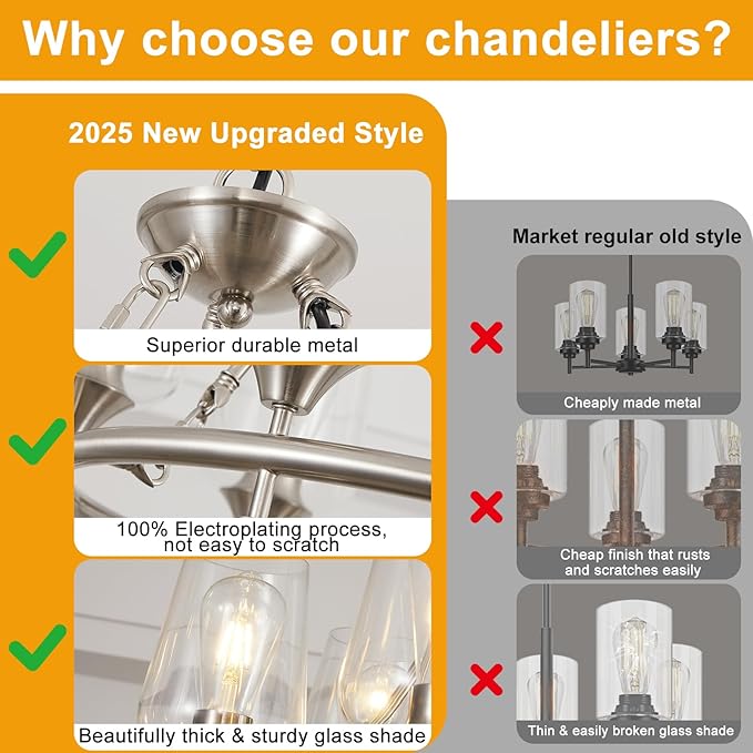 25" Farmhouse Chandelier, 6-Light Brushed Nickel Chandeliers for Dining Room Light Fixtures Over Table, Modern Industrial Hanging Lighting with Clear Glass Shade for Living Room, Kitchen Island, Foyer
