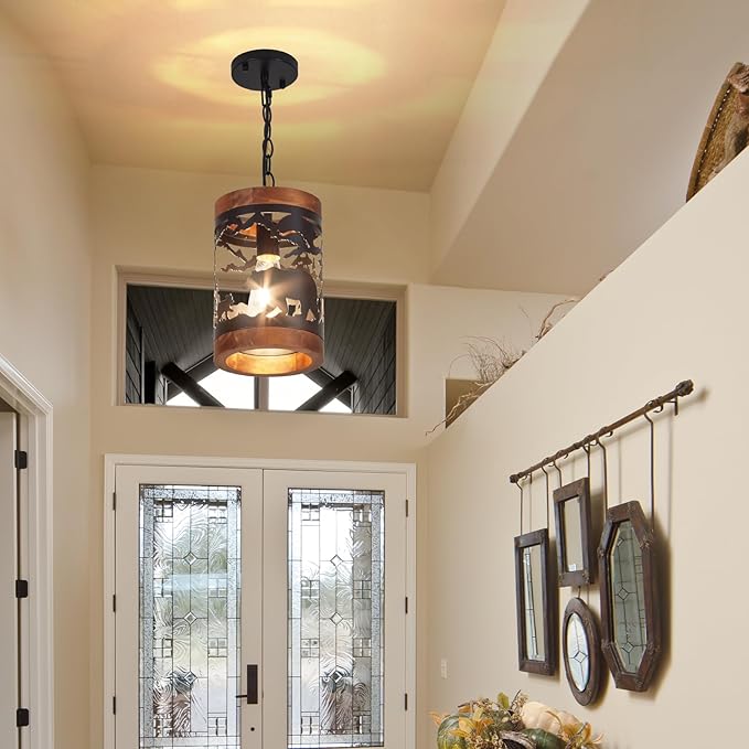 Rustic Bear Pendant Light, 1-Light Farmhouse Wood and Metal Cage Chandelier, Adjustable Hanging Ceiling Fixture for Kitchen Island, Hallway, Bar, Dining Room, Foyer, or Bedroom, (No Bulb Included)
