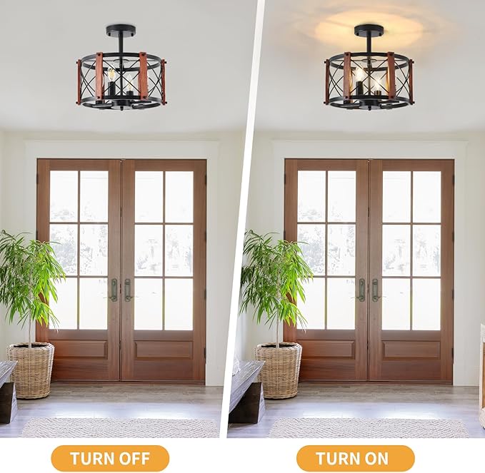 4-Light Rustic Farmhouse Semi Flush Mount Ceiling Light, Modern Entryway Hallway Light Fixtures Oak Wood Drum Kitchen Lights Black Close to Ceiling Light for Kitchen Bedroom Dining Room Foyer Lighting