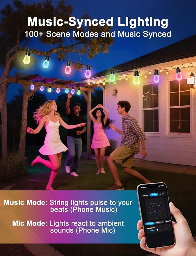 150ft String Lights for Outside, Smart RGB IC Warm White Patio Lights Outdoor Waterproof with Remote & App Control, Compatible with Alexa Great for Porch, Yard, Pergola