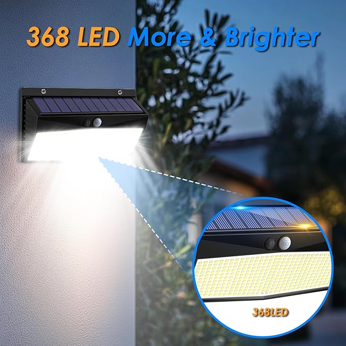 2 Pack 368 LED Solar Lights Outdoor Motion Sensor, Solar Fence Lights with 3 Lighting Modes, Solar Powered Security Lights Waterproof for Outside Yard Wall Garden Backyard Step Garage
