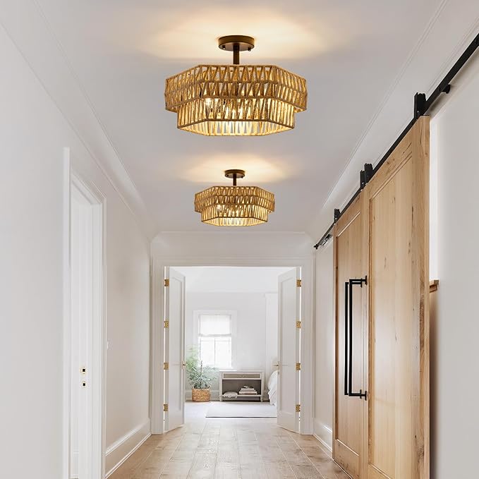 XSDeTu Farmhouse Semi Flush Mount Ceiling Light, 3-Light Boho Light Fixtures，Rustic Woven Hemp Rope Ceiling Lamp, Double Hexagonal Flush Mount Light Fixture for Hallway, Kitchen, Bedroom