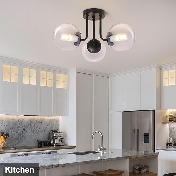 Bektas 3-Lights Semi Flush Mount Ceiling Light Fixture Matte Black Light Fixture Bend Modeling with Transparent Glass Shade for Bedroom,Living Room,Dinning Room Foyer Hallway