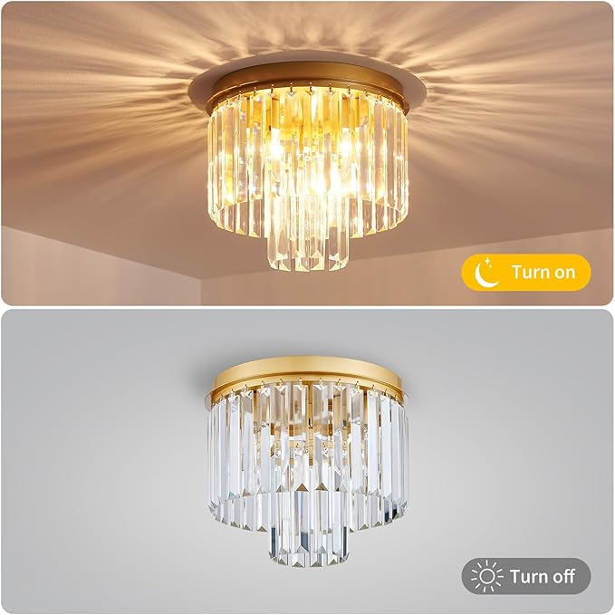 Crystal Ceiling Light, 3-Light Modern Flush Mount Ceiling Light Fixture for Living Room, Dinning Room, Hallway, D12 x H13inch, Brass Finish Frame & K9 Crystal