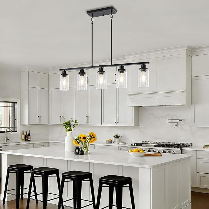 Modern Island Lights for Kitchen, Black Dining Room Light Fixtures Over Table 5-Light Farmhouse Linear Chandelier Adjustable Hanging Kitchen Lights Ceiling Clear Glass Pendant Lighting Over Island