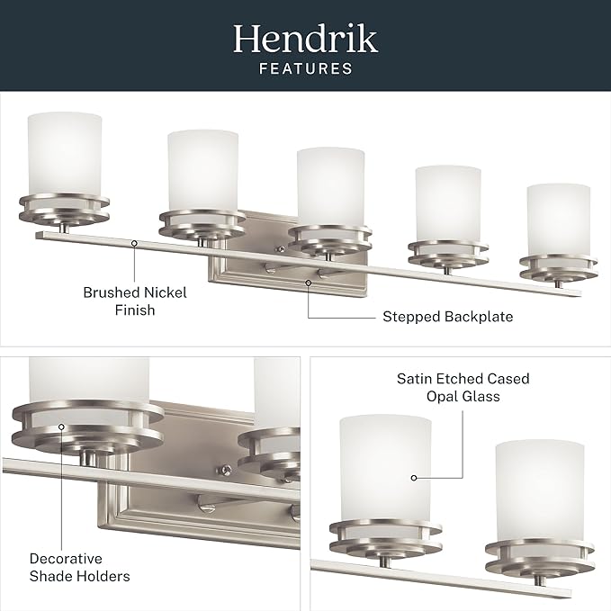 Kichler Hendrik 43" Vanity Light in Brushed Nickel, 5-Light Modern Bathroom Vanity with Satin Etched Cased Opal Glass, (43" W x 7.75" H), 5085NI
