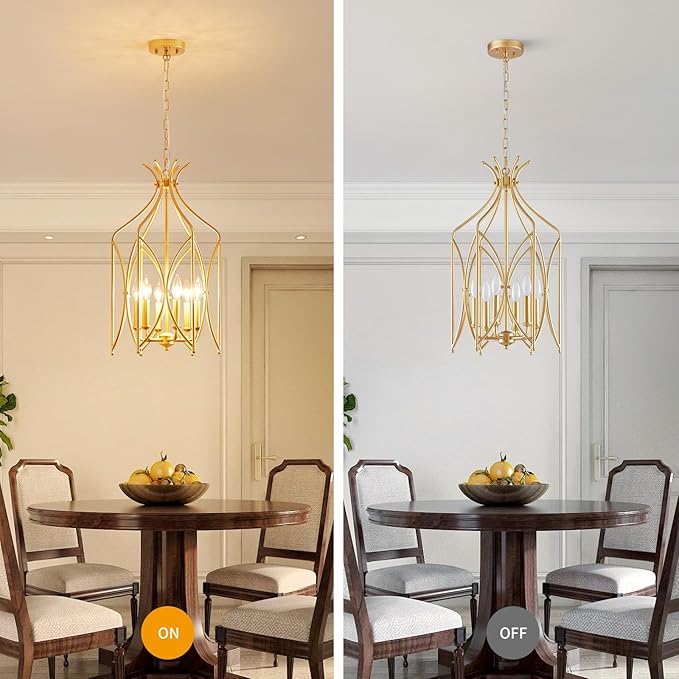 WUZUPS Lantern Pendant Chandelier Rustic Metal Cage Light Modern Lighting Fixture for Kitchen Diningroom Bathroom Livingroom, H 25.4" x W 14.2", E12 Base, Gold